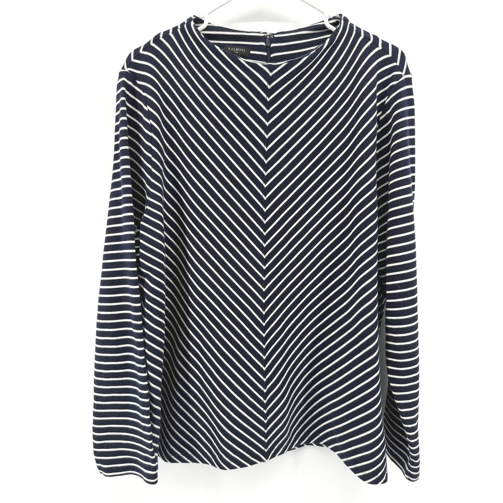 Talbots Top Navy Blue White Striped Long Sleeve Chevron Cotton Coastal Women 2X